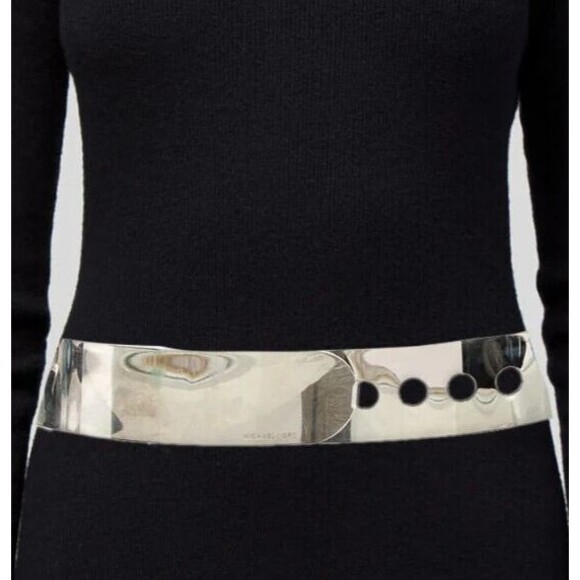 DESIGNER MICHAEL KORS COLLECTION BLACK LEATHER & SILVER METAL 2"WIDE BELT LARGE - Picture 8 of 9
